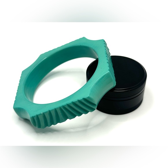 Geometric Octagon Aqua Carved Bangle Bracelet-Chunky - Picture 6 of 7